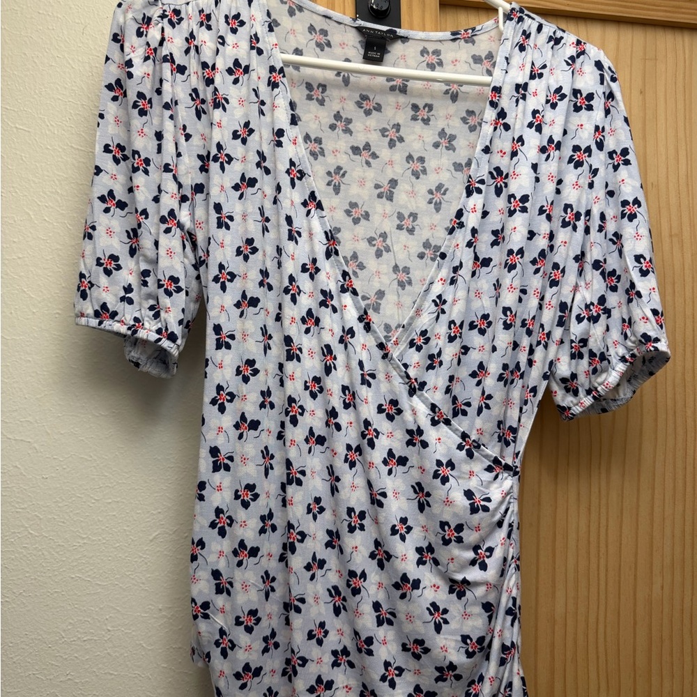 Ann Taylor White Floral Wrap Top with Navy & Pink Accents